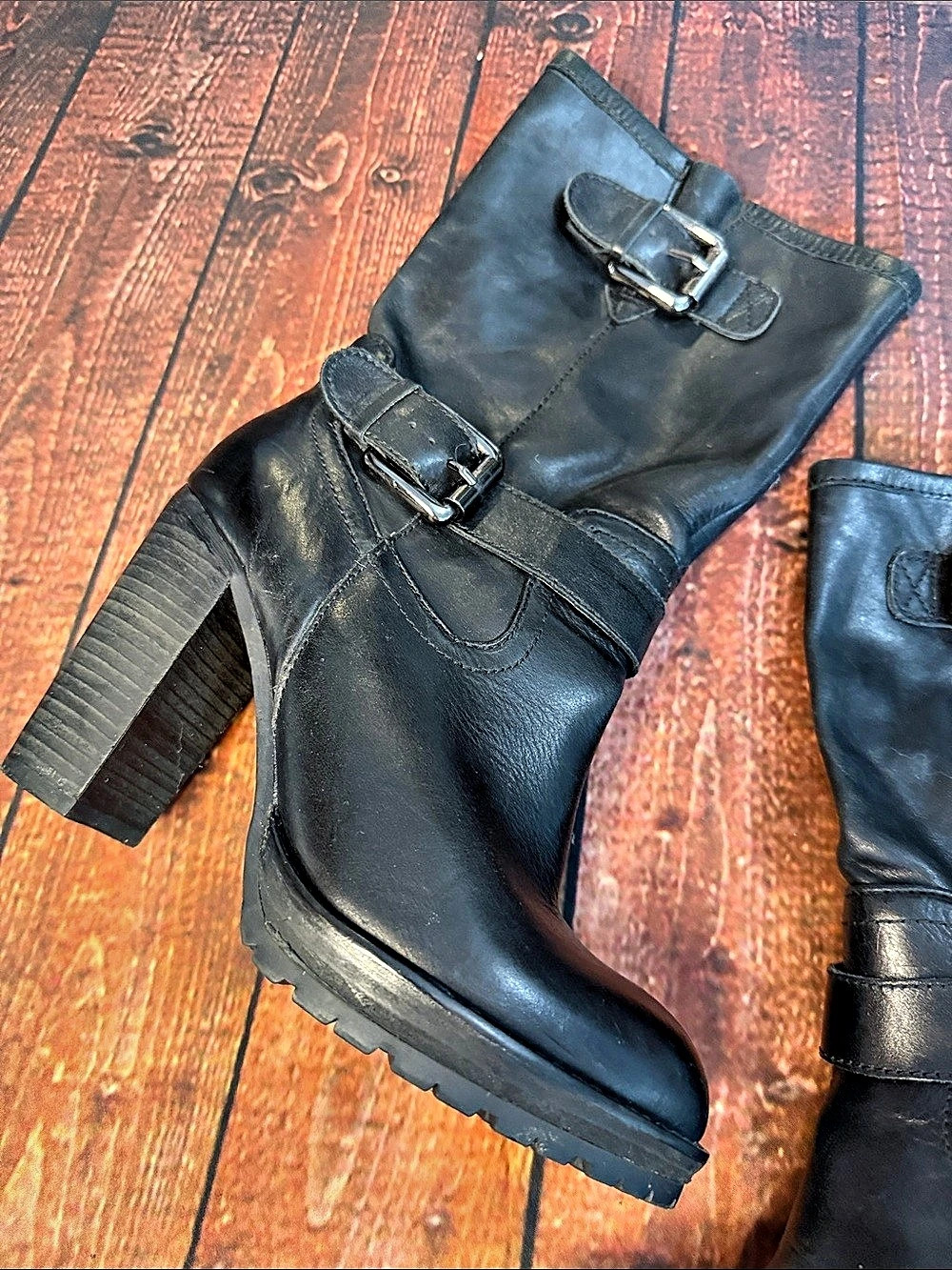 Donald J Pliner Black Buckle Platform Heeled Boots - Picture 3 of 9